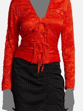 Ganni Women's Orange Crinkled Satin V Neck Tie-Front Blouse Top SIze 32